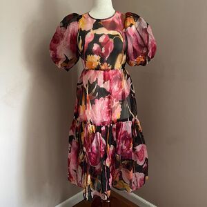 Flawed Anthropologie Watercolor Floral Puff Sleeve Tiered Dress Size XS AS IS